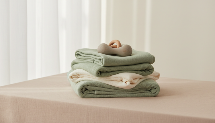 Pile de couvertures douces vert sauge et crème près d’une fenêtre