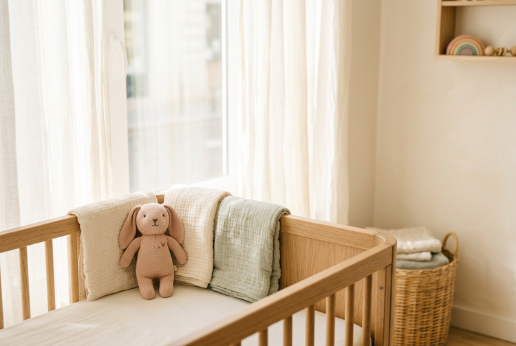 Coin de chambre bébé lumineux avec lit en bois, langes en mousseline et doudou lapin